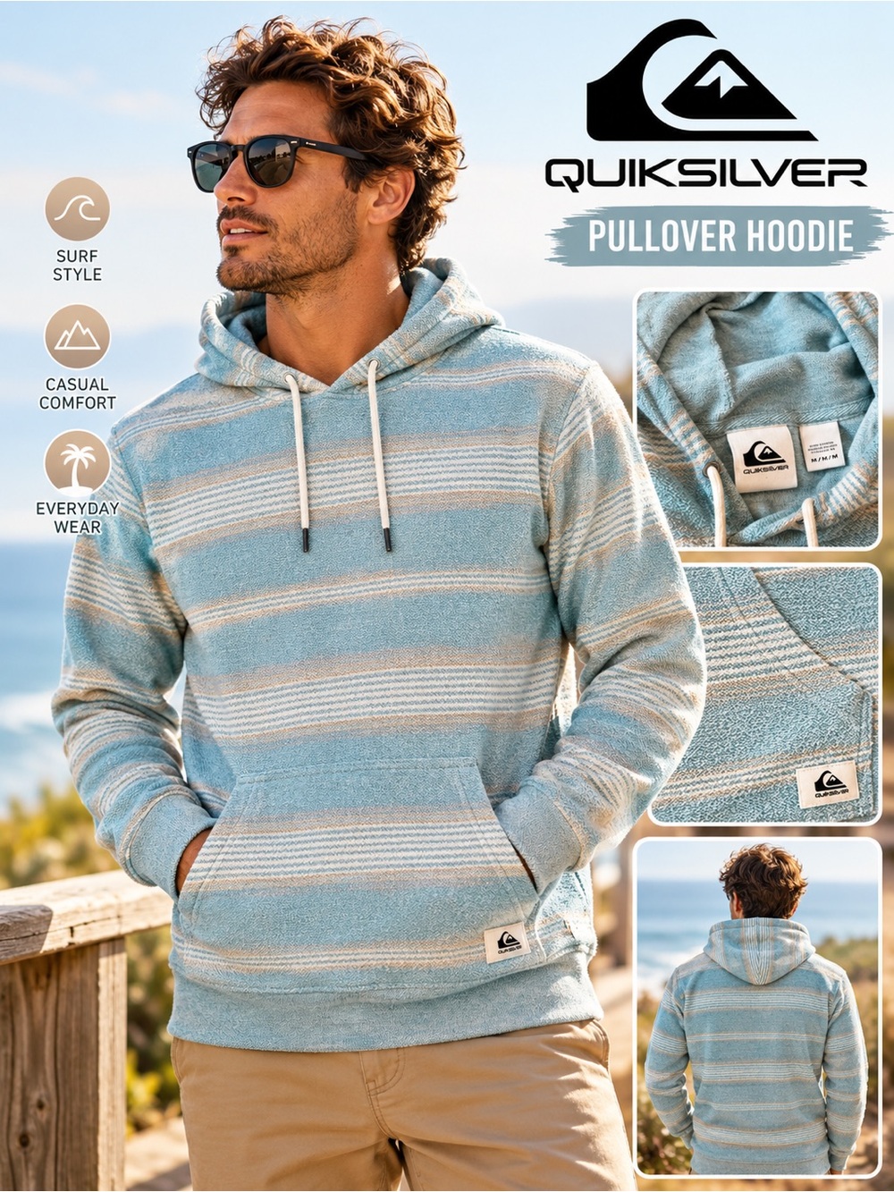 Quiksilver Men’s Medium Baja Stripe Pullover Hoodie Blue Tan Surf Skate